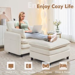 Upholstered Chenille Oversized Accent Armchairs with Ottoman and Side Pocket - Cream