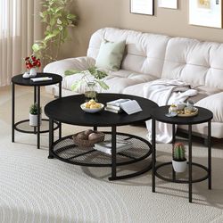 Round Coffee Table and End Table Set of 3 with Storage, Modern Vintage Black Coffee Table and Side Table for Living Room, Office, Apartment,