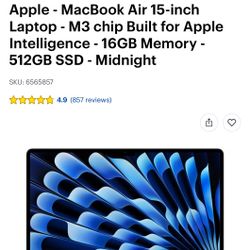 Apple MacBook Air 15 Inch Laptop, M3 Chip, 16 GB Memory, 512 GB SSD