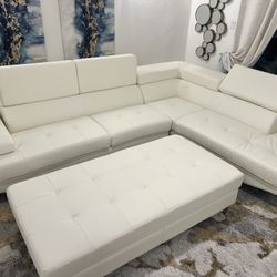 New Genuine Leather Sectional W Adjustable Headrests.  White.  124x94x36H.  Free Delivery!