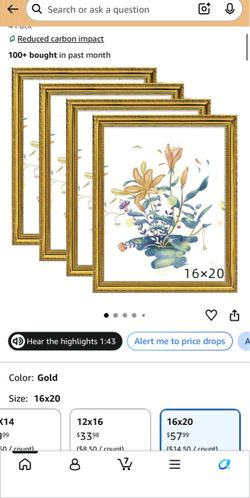 BESCRCL 16x20 Picture Frame Gold, Frames for Wall Display, Rustic Vintage Photo Frame with Shatterproof Crystal Acrylic, 4 Pack