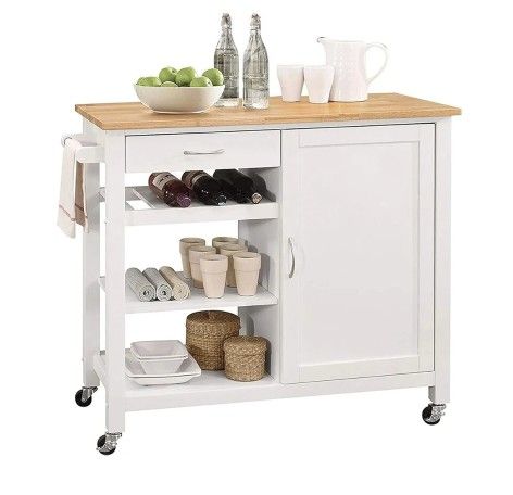 Wood Kitchen Island Cart on Wheels with Towel Rack and Drawer, Modern White Rolling Kitchen Island with Storage Cabinet
