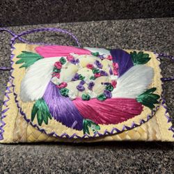 Vintage Straw Clutch Purse Shells Beach Tropical Flowers Vivid Colors