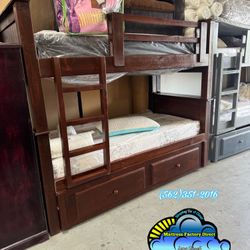 Triple Brown Bunk bed With Mattresses 
