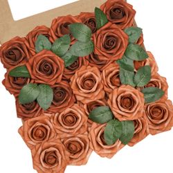 YEEFLORA Artificial Flowers, 25pcs Artificial Rose For DIY Wedding Bouquets Centerpieces Arrangements, Shades Of Terracotta Foam Roses With Stem For B