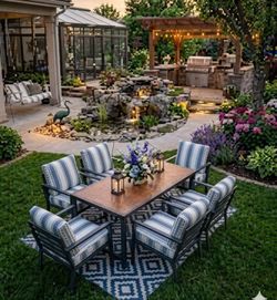 Outdoor aluminum table set patio dining table set oversized cushions deep seating cushions oversized outdoor patio chairs aluminum brand new in the bo