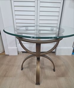 Designer Modern Floating Glass Accent Table • 26" Round • ½" Thick Glass  • Brushed Gold Base
