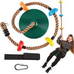 Tree Swing for Kids - Single Disc Seat and Climbing Rope Set w/Carabiner & 4 Ft Strap - Treehouse and Outdoor Playground Accessories - Green