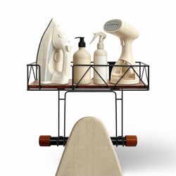 Wall-Mounted Ironing Board Holder with Wood Shelf & Storage Hooks