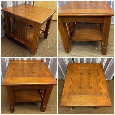 Mission Style End Table. Side Table. Accent Table. Couple dings on legs. Free to ask, I reply.