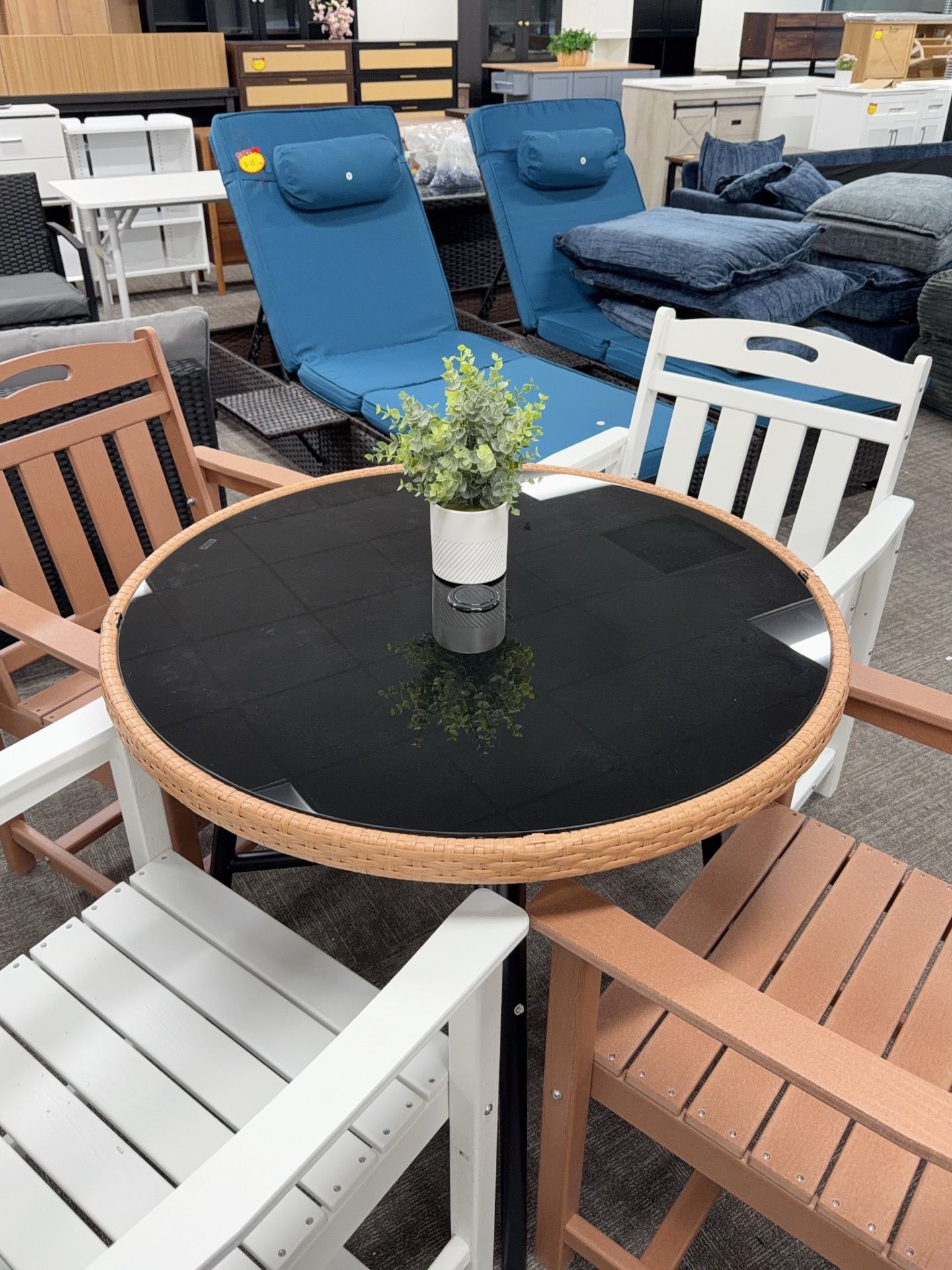 5-piece outdoor patio set, includes 4 HDPE chairs, 1 metal table with umbrella hole, All pieces are weather resistant, sun resistant, and corrosion re