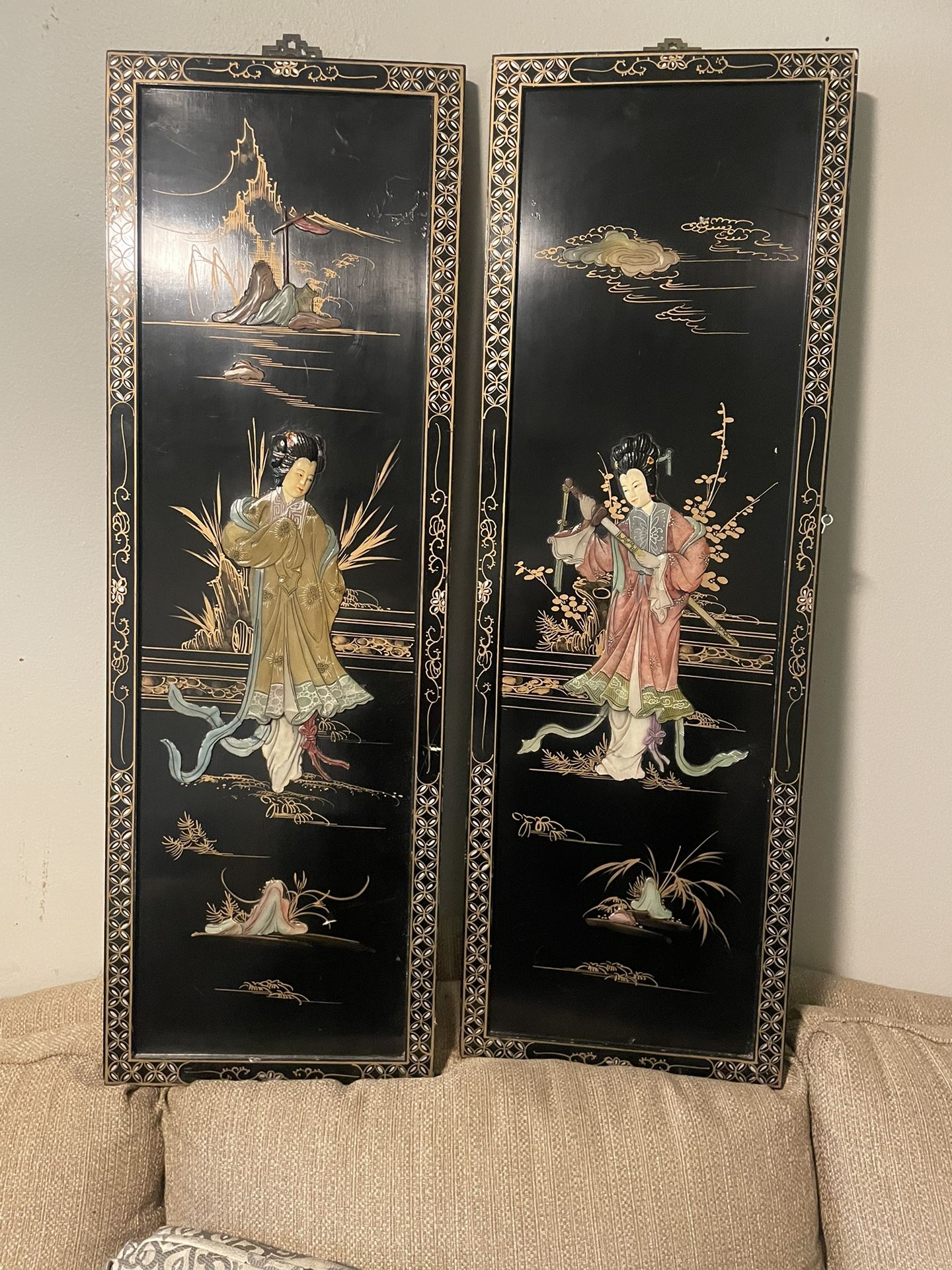 2 Vintage Asian Mother Of Pearl Soapstone Framed Wall Plaques