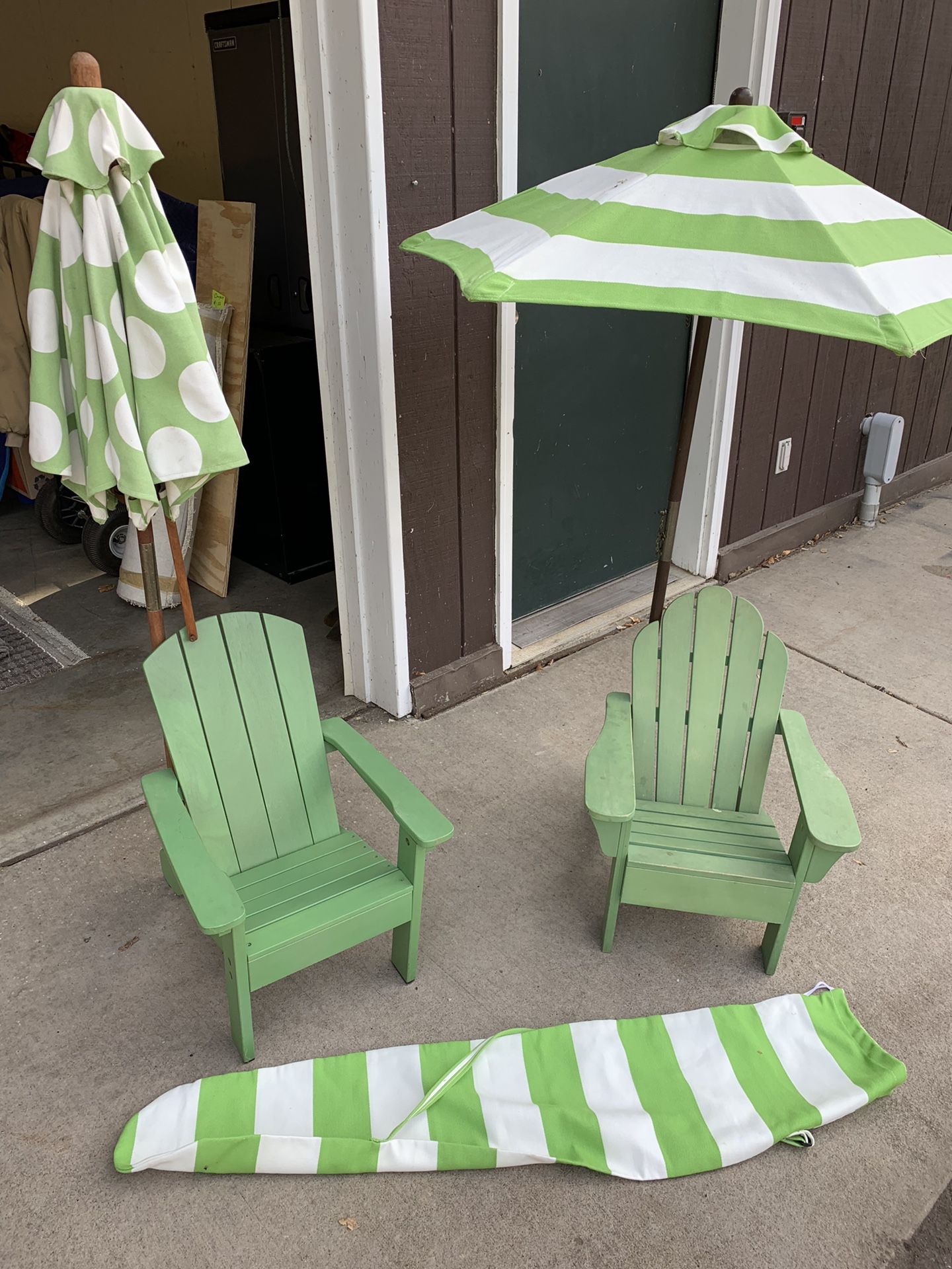 Pottery Barn kids (2) Adirondack Chairs + umbrellas