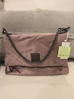 Brand New Deux Lux Dark Pink Quilted Satin Fold Over Shoulder Purse With Silver Chain