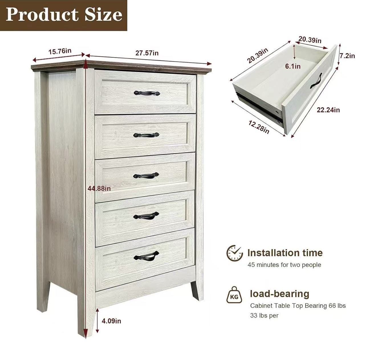 🥨Chest of Dresser, Wood Vintage Dresser 5 Drawer, Tall Dressers for Closet, Dressers for Storage Organizer, for Closet Living Room, Kids Bedroom