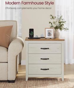Farmhouse Nightstand with Charging Station, Bedside Table, Side End Table with 3 Drawers, for Bedroom, Taupe Brown ULET679T01