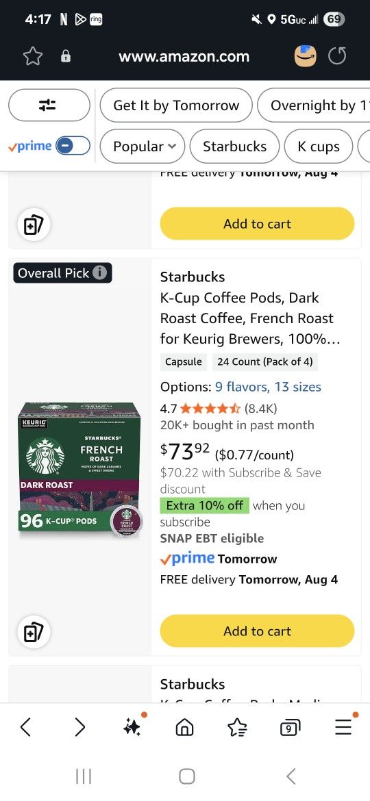 Starbucks Coffee Kuerig French Roast Dark Roast 4(24) Packs
