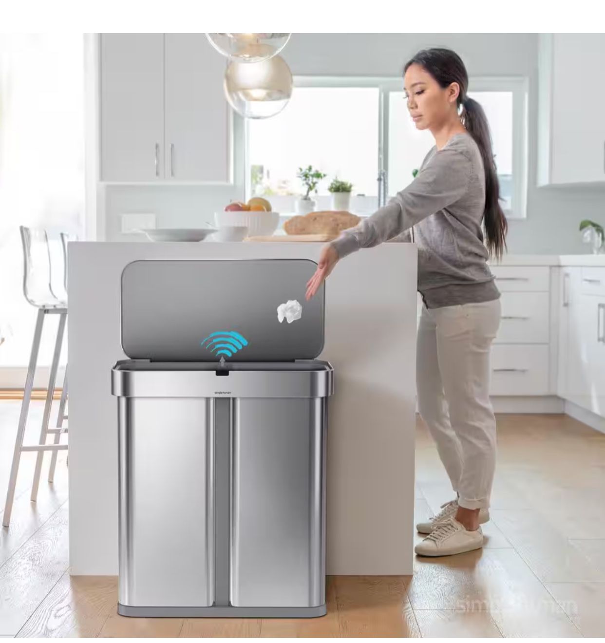 simplehuman 58 Liter Rectangular Dual Compartment Sensor Trash Can with Liner Pocket, Brushed Stainless Steel