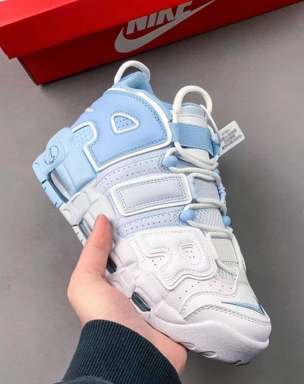 Nike Air More Uptempo Comfortable and versatile High-top Retro Basketball Shoes White and Blue Colorblocking Unisex