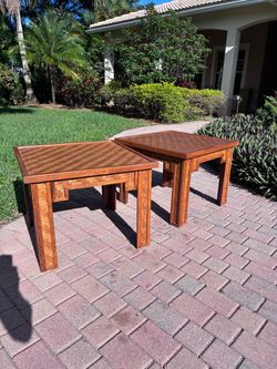 Mid century parquet Asian rattan side table / excellent