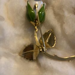 (N53) Vintage 1960’s Green And White Enamel On Gold Tone Rose Brooch By Gianni