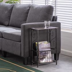 Industrial Side Table,End Telephone Table with 2-Tier Mesh Shelves,for Office Hallway or Living Room,Wood Look Accent Furniture with Metal Frame