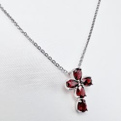 2.5 Ct Genuine Red Garnet Gemstones Cross 925 Sterling Silver Necklace 14-20 Inch Adjustable   