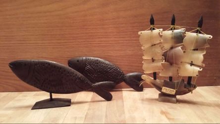 Vintage hand carved sail boat and fish