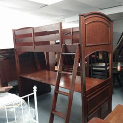 Solid Wood Twin Loft Bed With Desk & 2 Nightstands