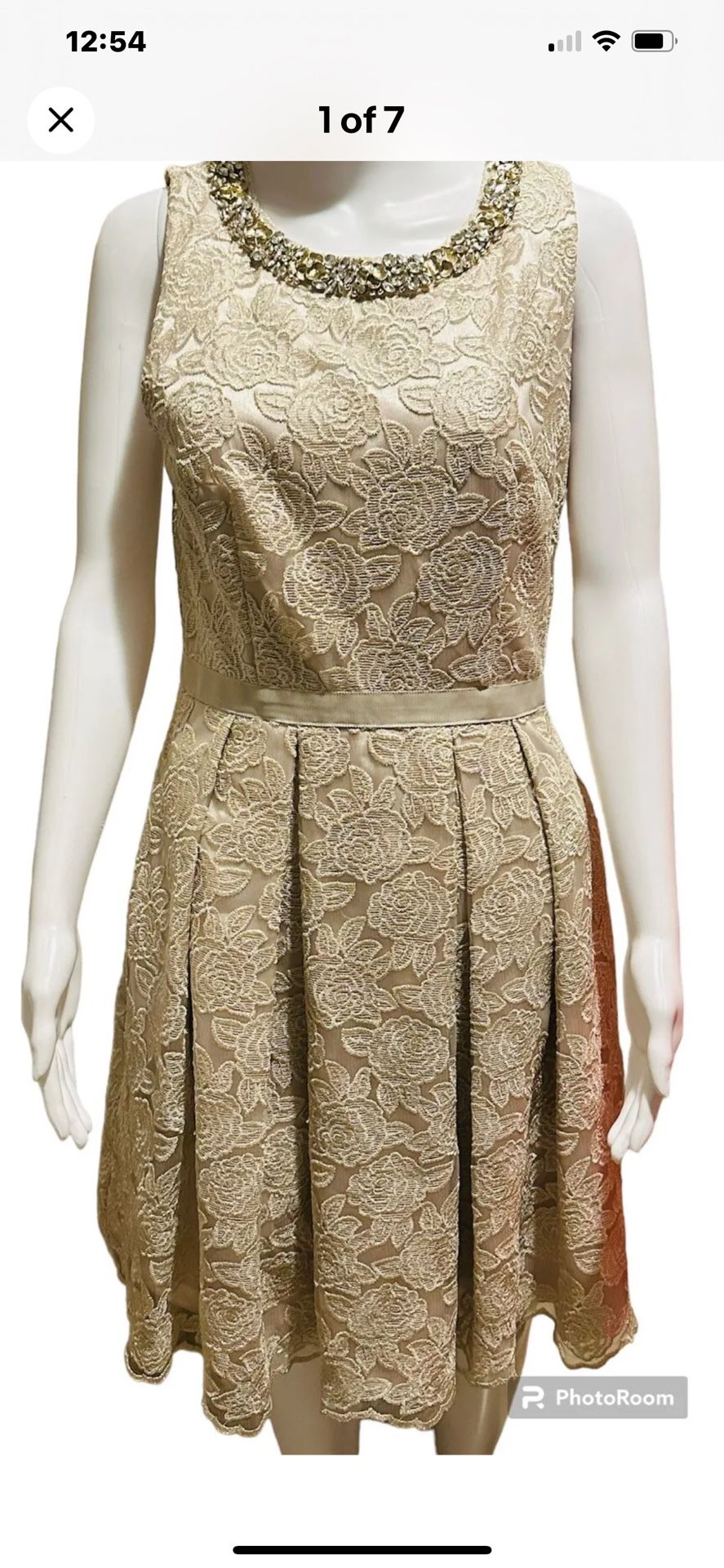 Eliza J Gold Rose Print Lace Sleeveless Cocktail Dress with Pockets Size 8