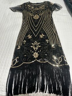 SWEETV 1920s Black and Gold Sequin Flapper Dress - Small