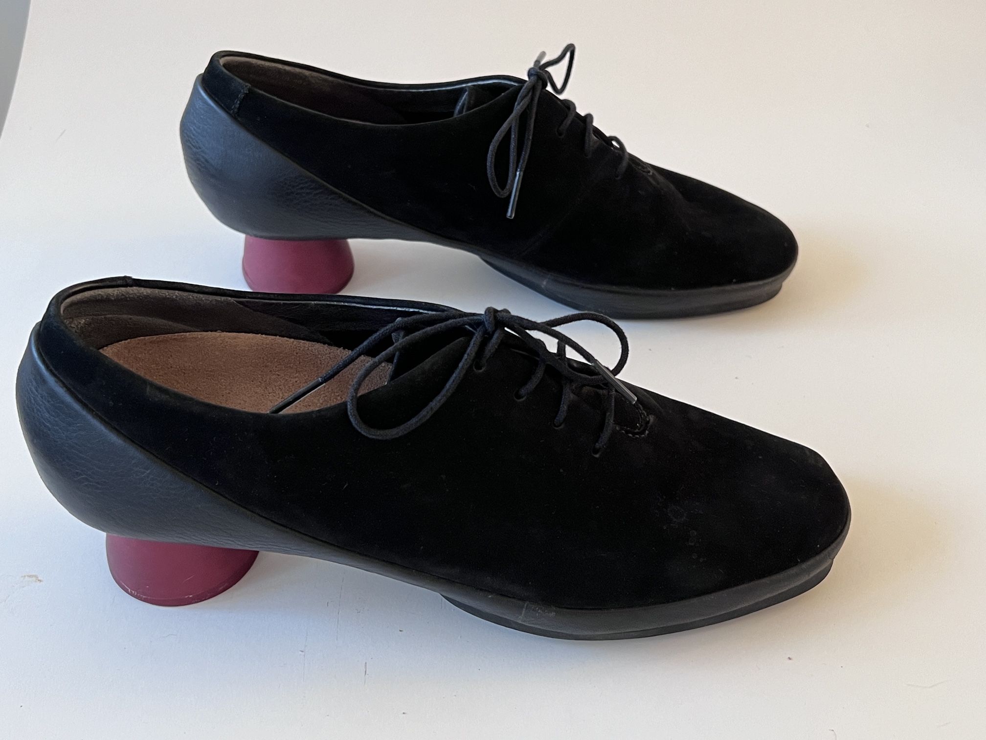 CAMPER Brand Women’s 40/9 Black Suede + Leather Shoes with Red Rubber Heels