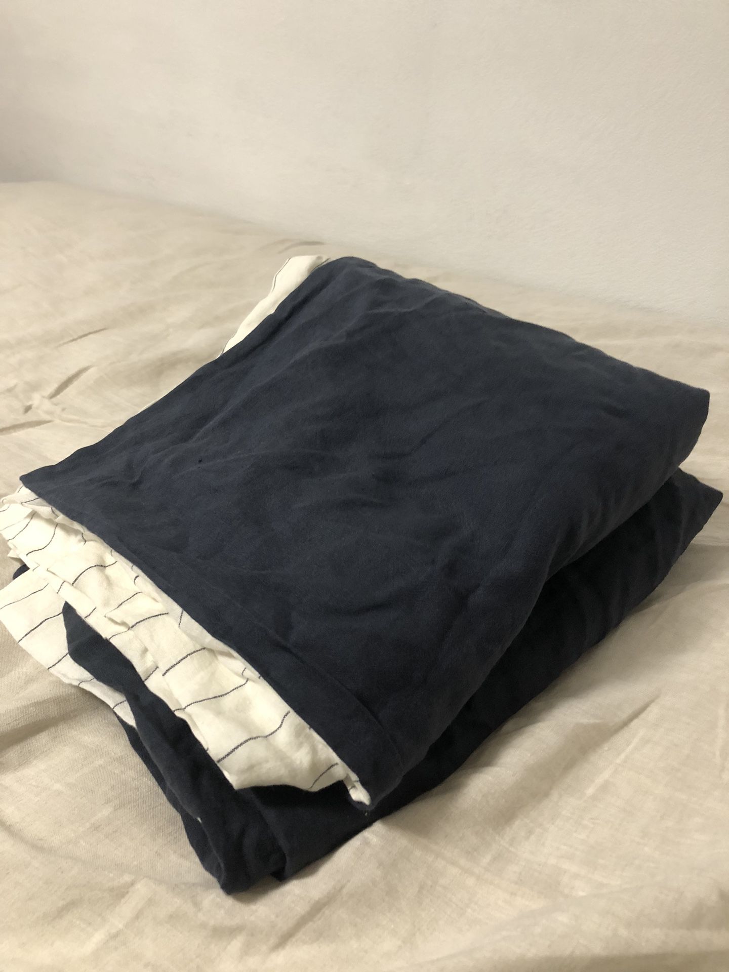 Six Linen Pillowcases, Navy Blue & Thin Blue Striped