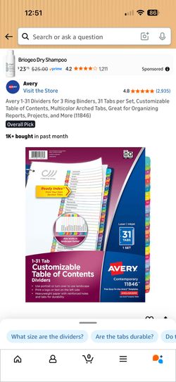 Avery #11129 (8) Customizable Table of Contents 1-31