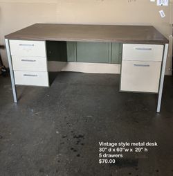 Vintage style metal desk, five drawers