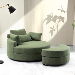 Dark Green 51.2" Oversized Accent Barrel Armchair with Adjustable Headrest, Storage Ottoman and 4 Pillows