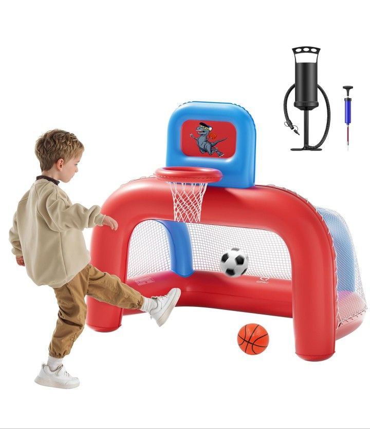 2-in-1 Inflatable Toddler Basketball Hoop & Soccer Goal Set, Indoor Outdoor Sports Center Toys for Kids