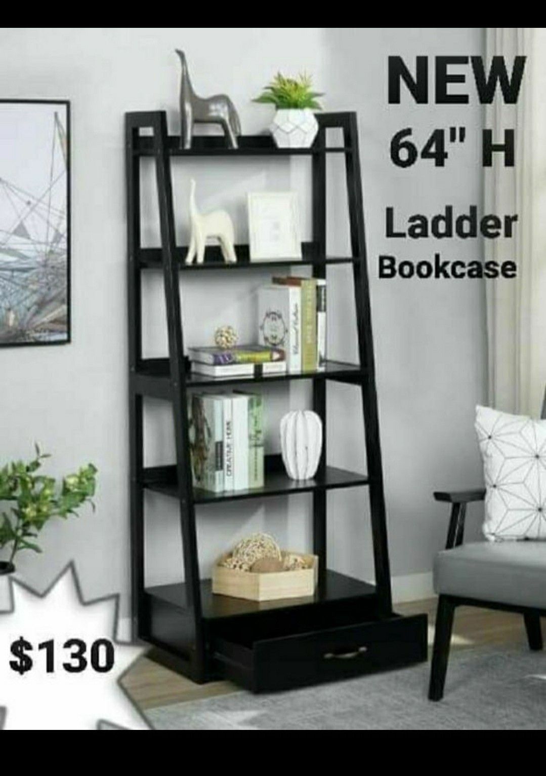 64" Black Wood 5-shelf Ladder Bookcase with Drawer