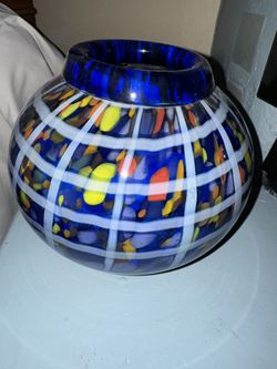  Glass Blue With Bursts Of Color!  Lovely, Large!