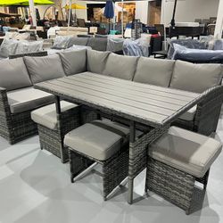 New 6 Pieces Outdoor Patio Furniture with Dining Table&Chair, All Weather Wicker Conversation Set with Ottoman, Brown Rattan&Grey Cushion