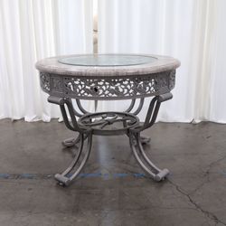 Gray Stone and Metal Round End Table with Glass Insert