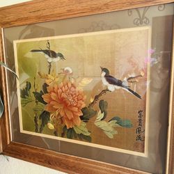 Vintage Asian Artwork Chokin Print on Golden Foil, Signed & Marked on a Wooden Frame. 24.5” W x 20.5”L 
