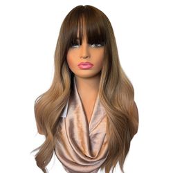 Brown To Ash blonde Long Wig With Bangs 24”