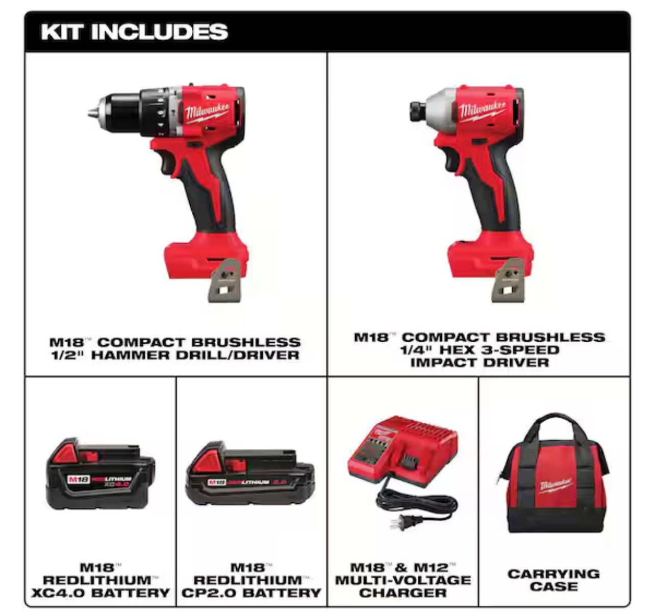 Milwaukee M18 18-Volt Lithium-Ion Brushless Cordless Compact Hammer Drill/Impact Combo Kit (2-Tool) with (2) Batteries, Bag