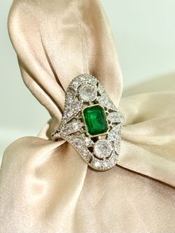 NWOT Art Deco Style Emerald Cut retro halo Zircon Ring in 7 Engagement Bridal