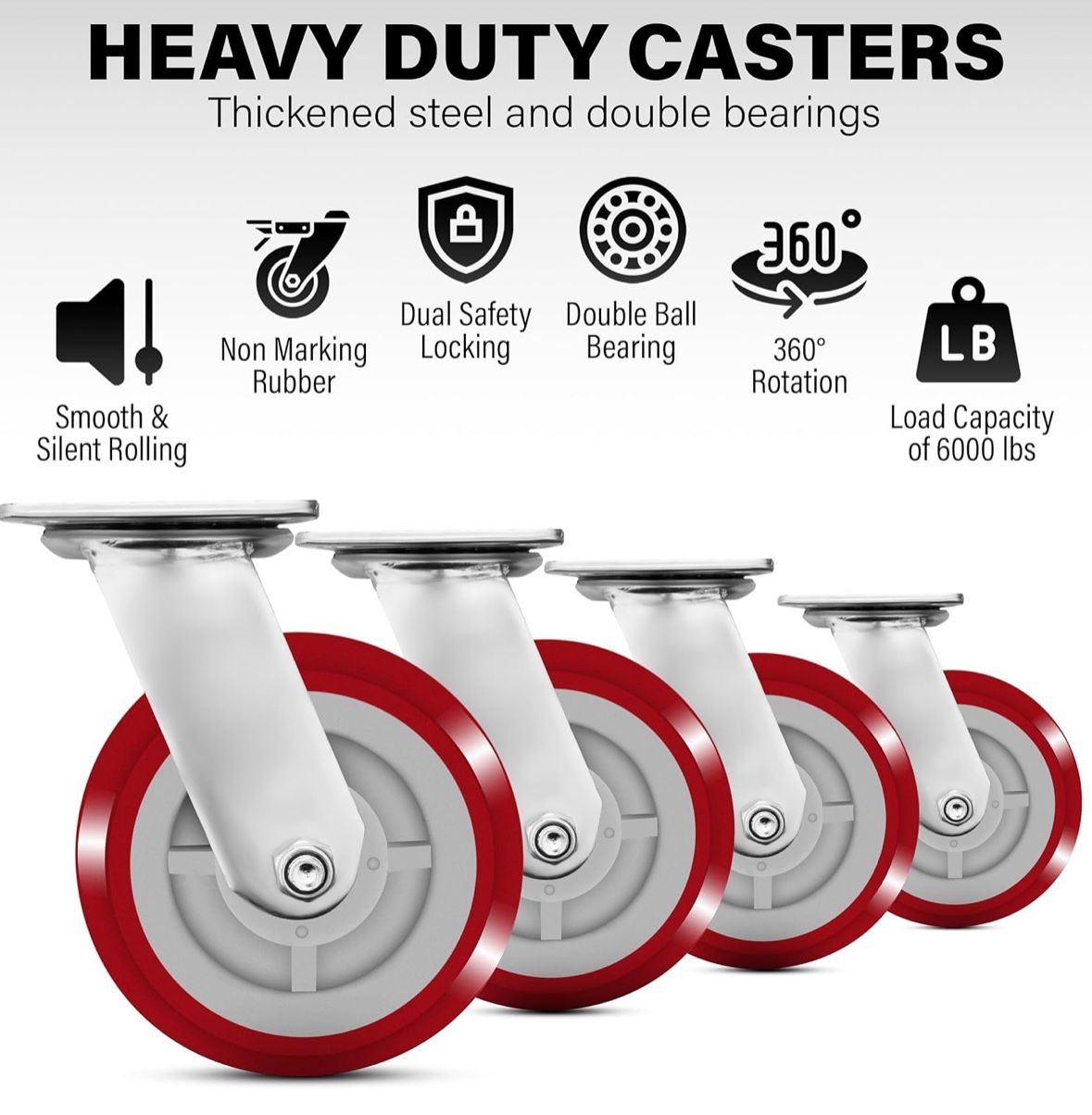 6 Inch Heavy Duty Casters Set of 4, Scratch Resistant & 360 Degree Rotatable Swivel Casters 6000 lbs Load Capacity - Ideal for Furniture on Any Floor