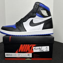 NIKE AIR JORDAN 1 RETRO I HIGH  BLACK GAME ROYAL TOE BLUE 555088-041 Size 11