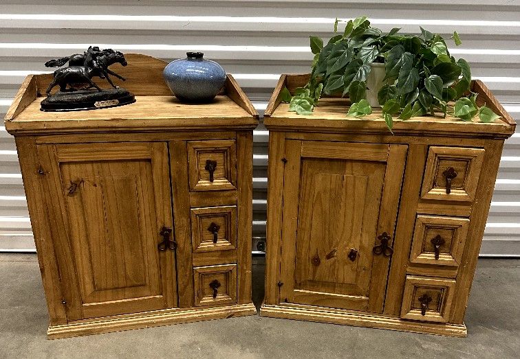 2 Rustic Pine Nightstands/End Tables With Rustic Iron Pulls and Hinges