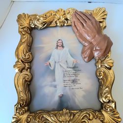 Vintage Ornate Gold Framed Religious Jesus Praying Hands Wall Art Picture 10x12