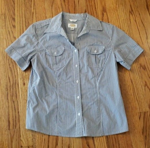 Talbots Stretch Short-Sleeve Striped Button-Down Shirt - Blue & White Size: M